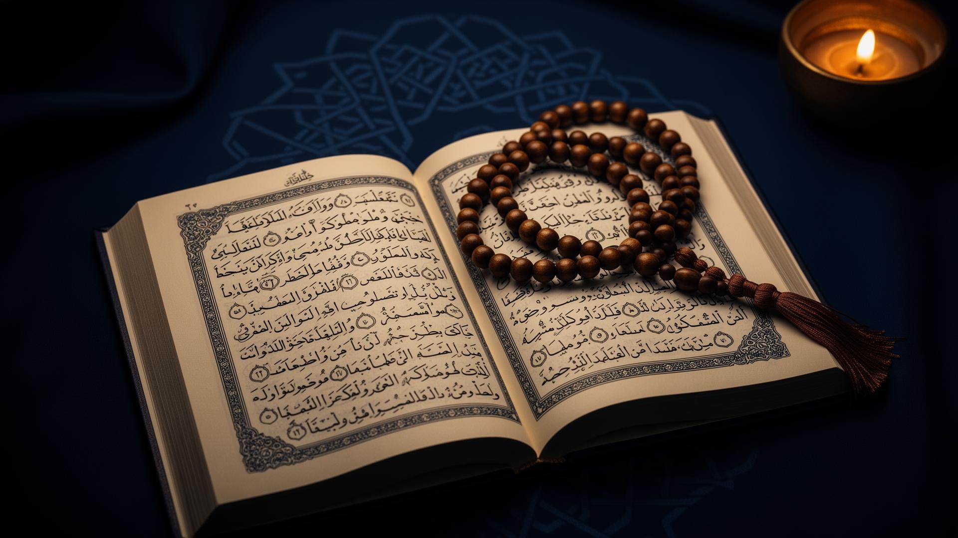 Open Quran with tasbeeh prayer beads